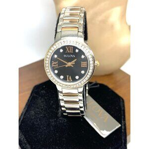 Bulova Women's Watch 98L272 Quartz Gemmed Black Dial Rose Gold Silver 28mm